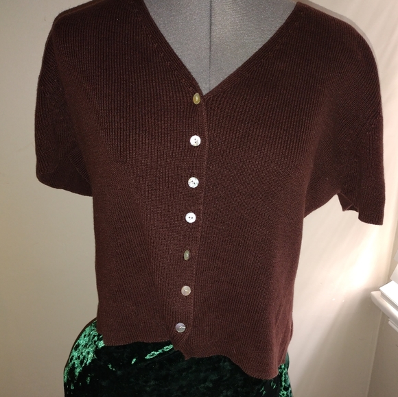 Vintage Brown Short Sleeved Cardigan Sweater, Vintage Button Up Cardigan Sweater - Picture 12 of 13